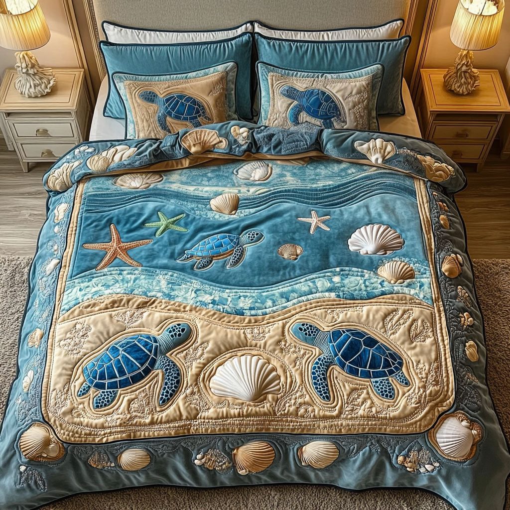 Sea Breeze quilted 3-piece bedding set on a made bed in a light coastal bedroom