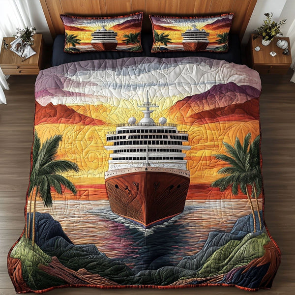 Sea Breeze quilted 3-piece bedding set on a made bed in a light coastal bedroom