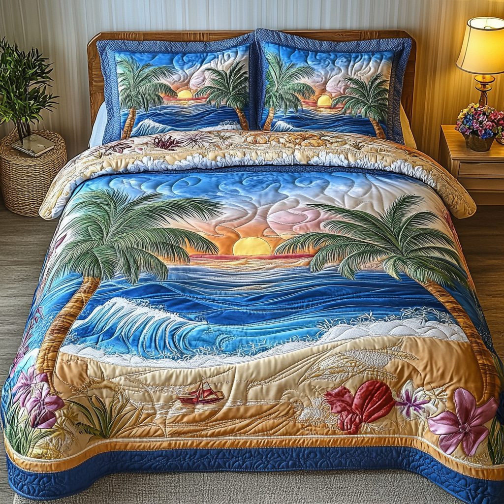 Sea Breeze quilted 3-piece bedding set on a made bed in a light coastal bedroom