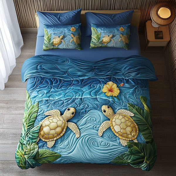 Sea Breeze Soiree quilted 3-piece bedding set on a made bed in a light coastal bedroom