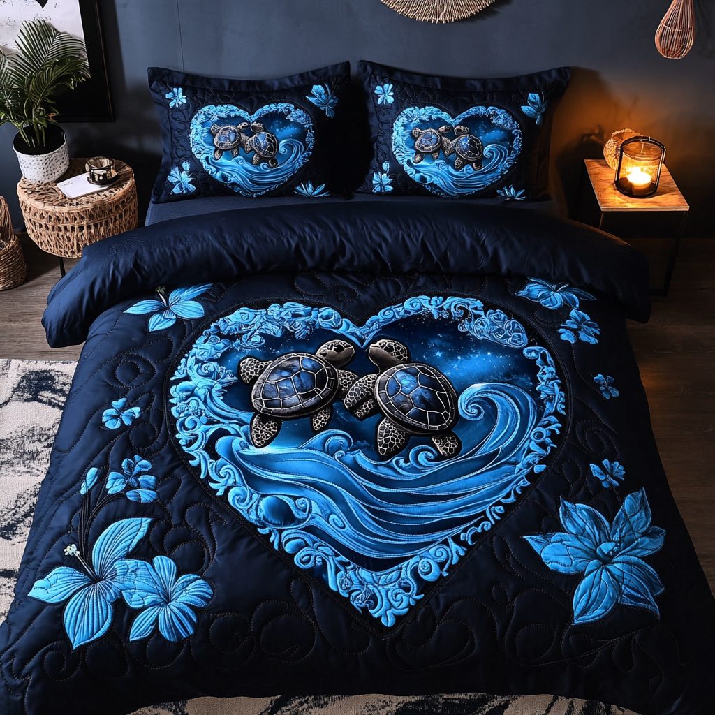 Sea Breeze Turtle quilted 3-piece bedding set on a made bed in a light coastal bedroom