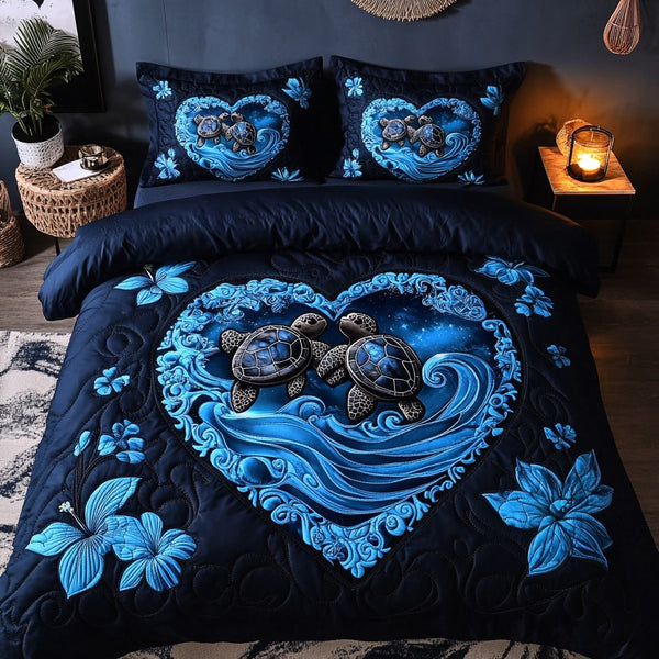 Sea Breeze Turtle quilted 3-piece bedding set on a made bed in a light coastal bedroom
