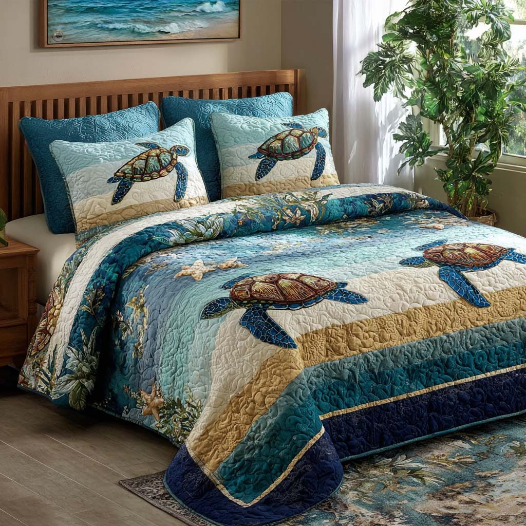 Sea Breeze Turtle quilted 3-piece bedding set on a made bed in a light coastal bedroom