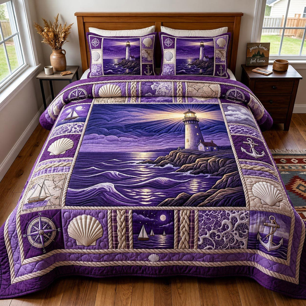 Sea Escape quilted 3-piece bedding set on a made bed in a light coastal bedroom