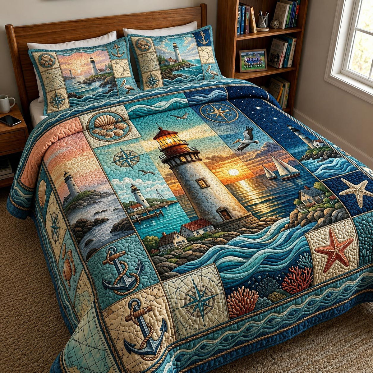Sea Escape quilted 3-piece bedding set on a made bed in a light coastal bedroom