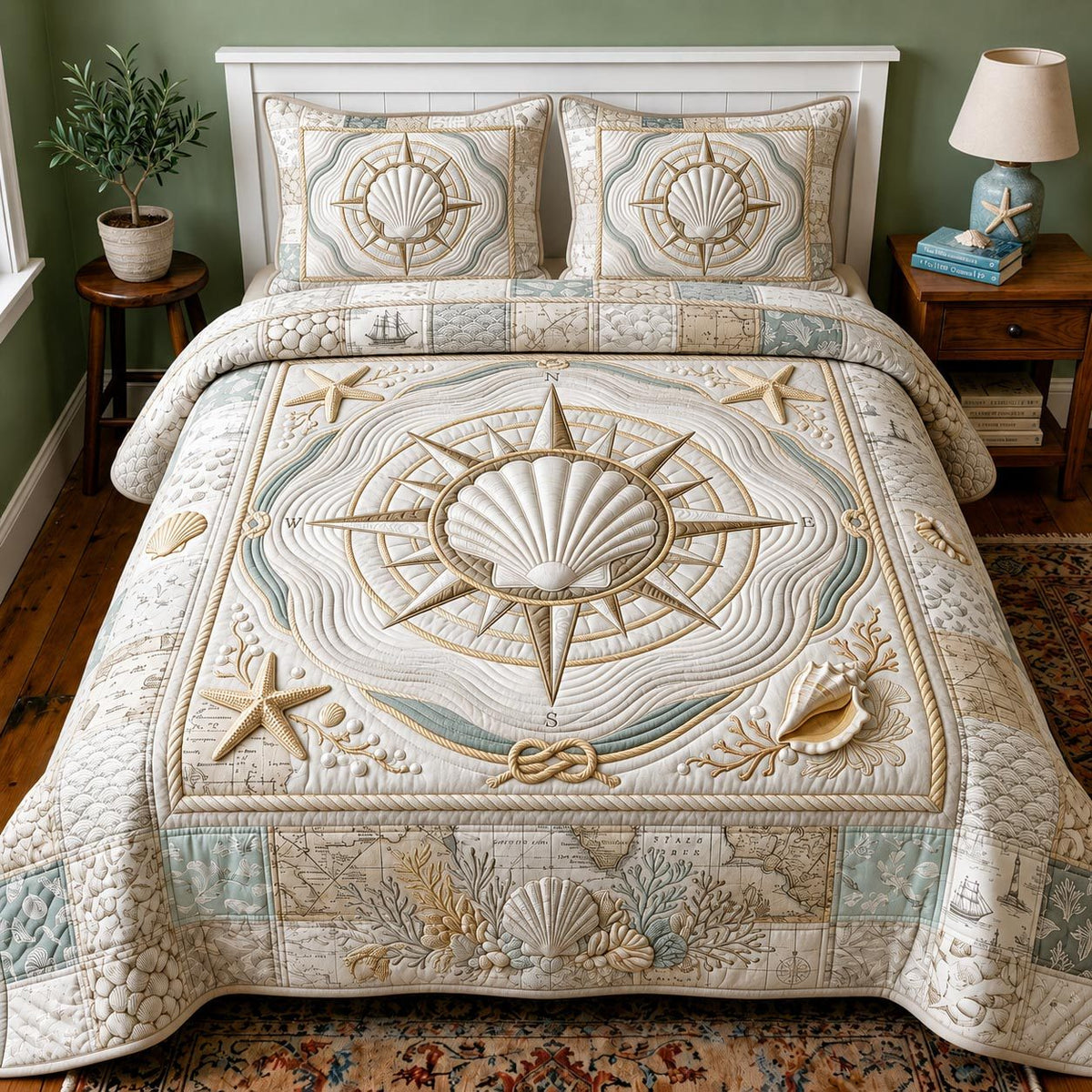 Sea Escape quilted 3-piece bedding set on a made bed in a light coastal bedroom