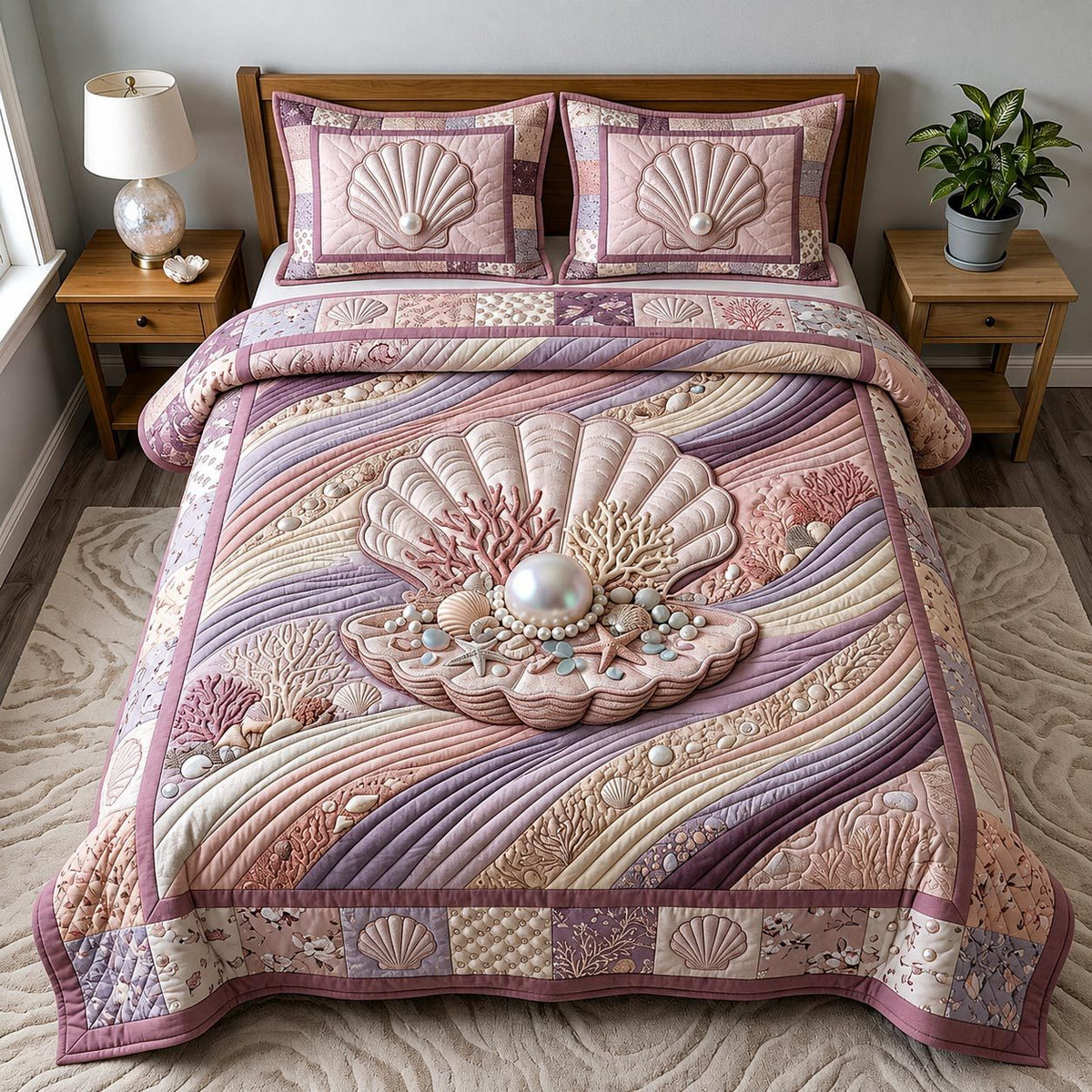 Sea Escape quilted 3-piece bedding set on a made bed in a light coastal bedroom