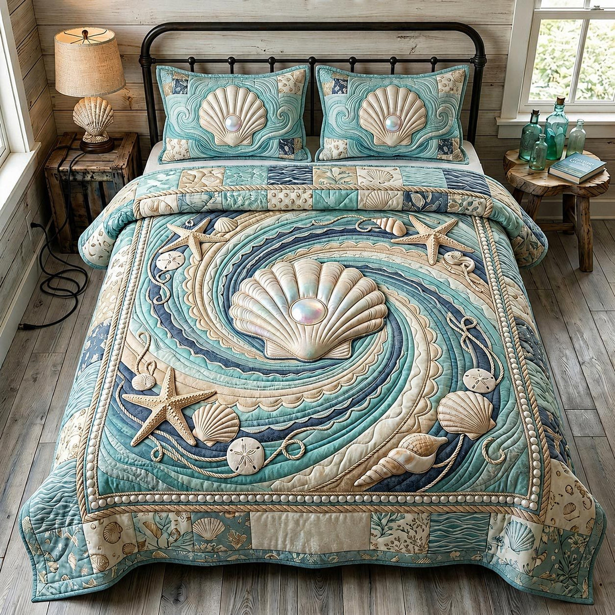 Sea Escape quilted 3-piece bedding set on a made bed in a light coastal bedroom