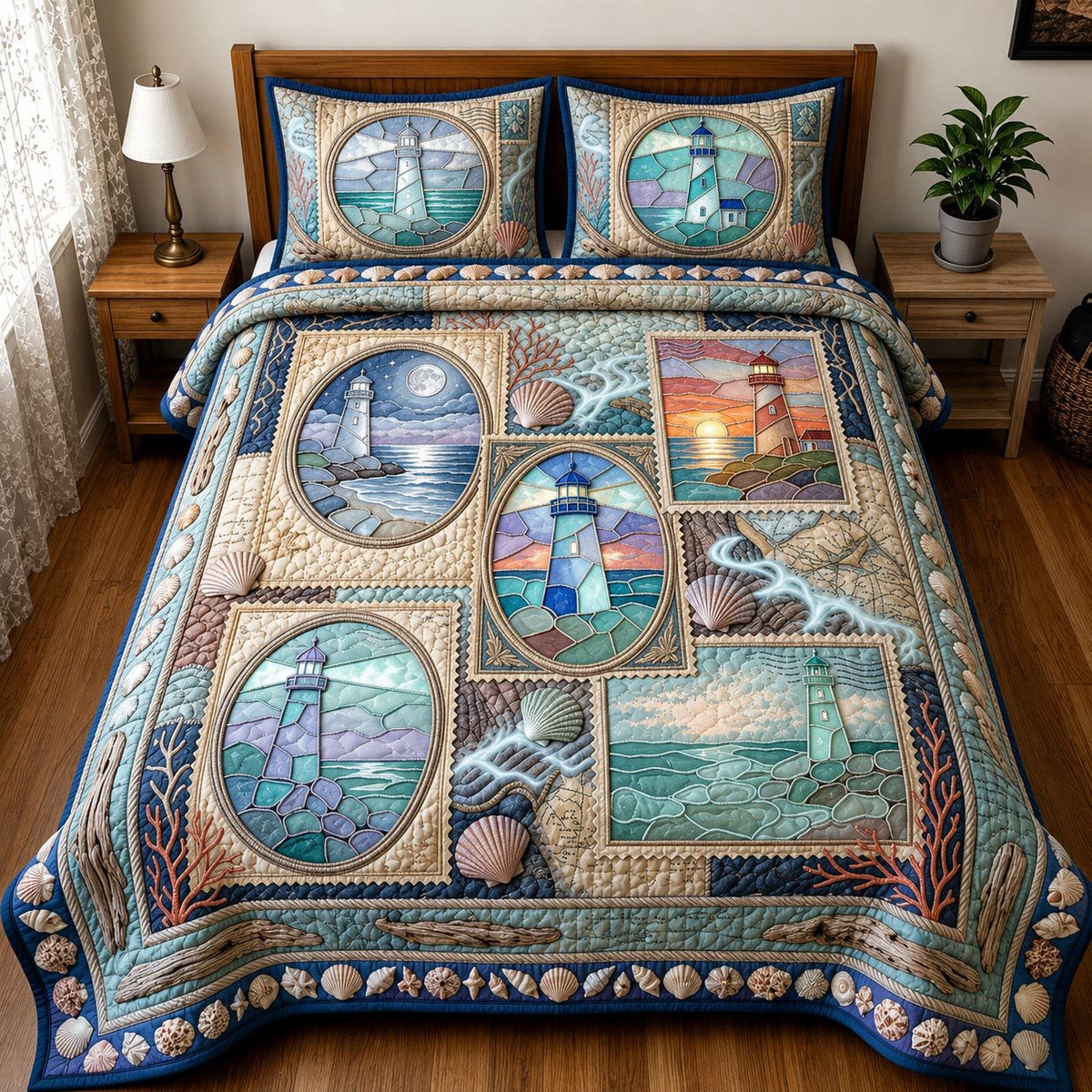 Sea Escape quilted 3-piece bedding set on a made bed in a light coastal bedroom