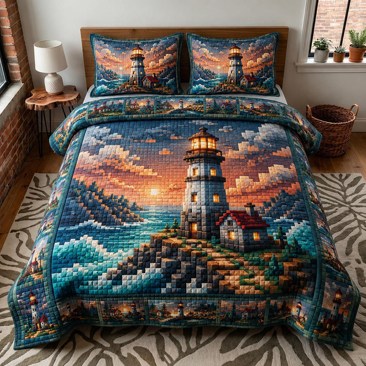 Sea Escape quilted 3-piece bedding set on a made bed in a light coastal bedroom