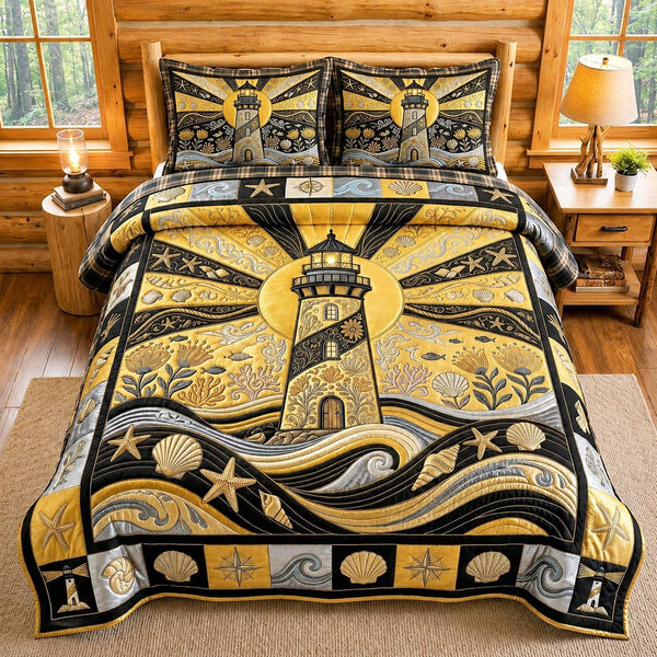 Sea Escape quilted 3-piece bedding set on a made bed in a light coastal bedroom