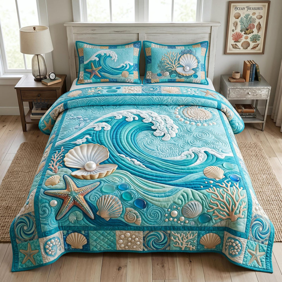 Sea Escape quilted 3-piece bedding set on a made bed in a light coastal bedroom