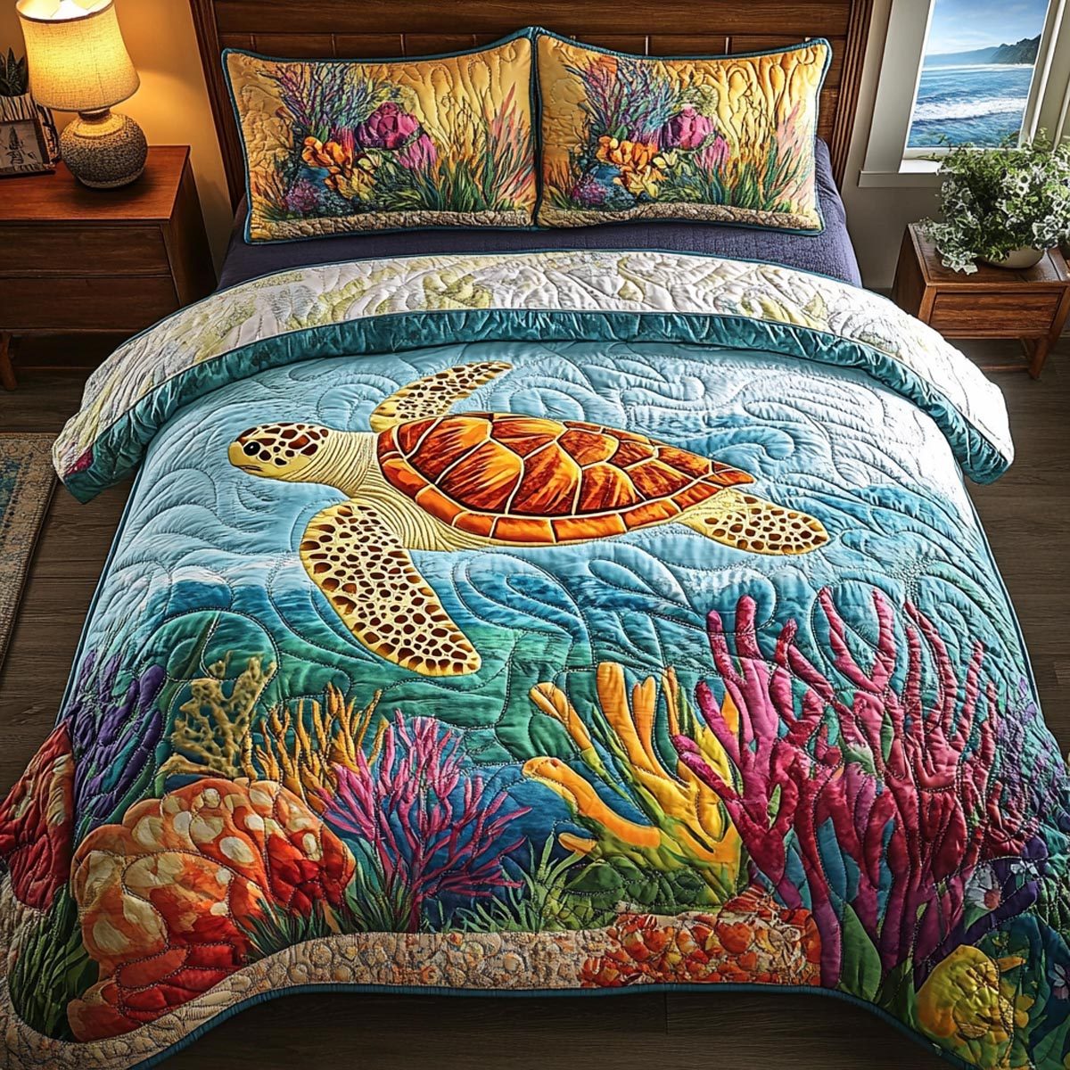 Sea Escape quilted 3-piece bedding set on a made bed in a light coastal bedroom