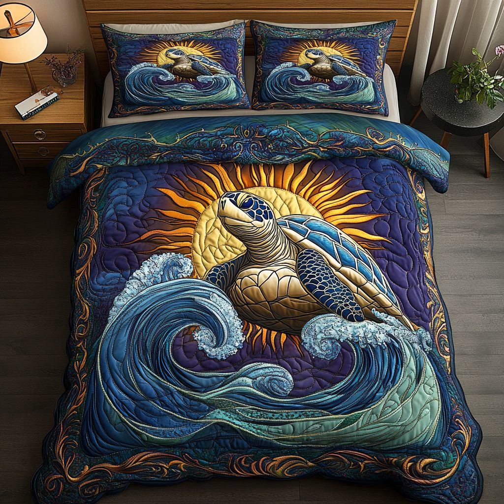 Sea Guardian quilted 3-piece bedding set on a made bed in a light coastal bedroom
