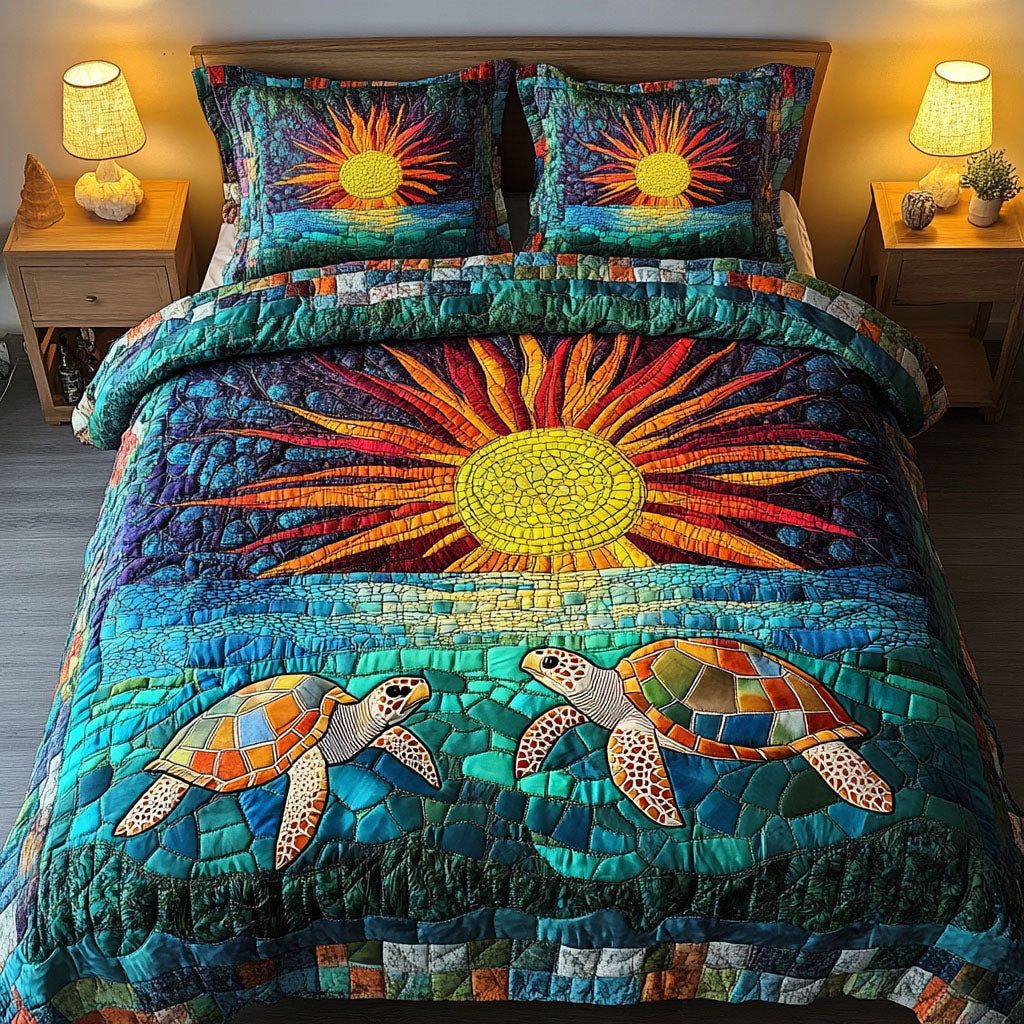 Sea Guardian quilted 3-piece bedding set on a made bed in a light coastal bedroom