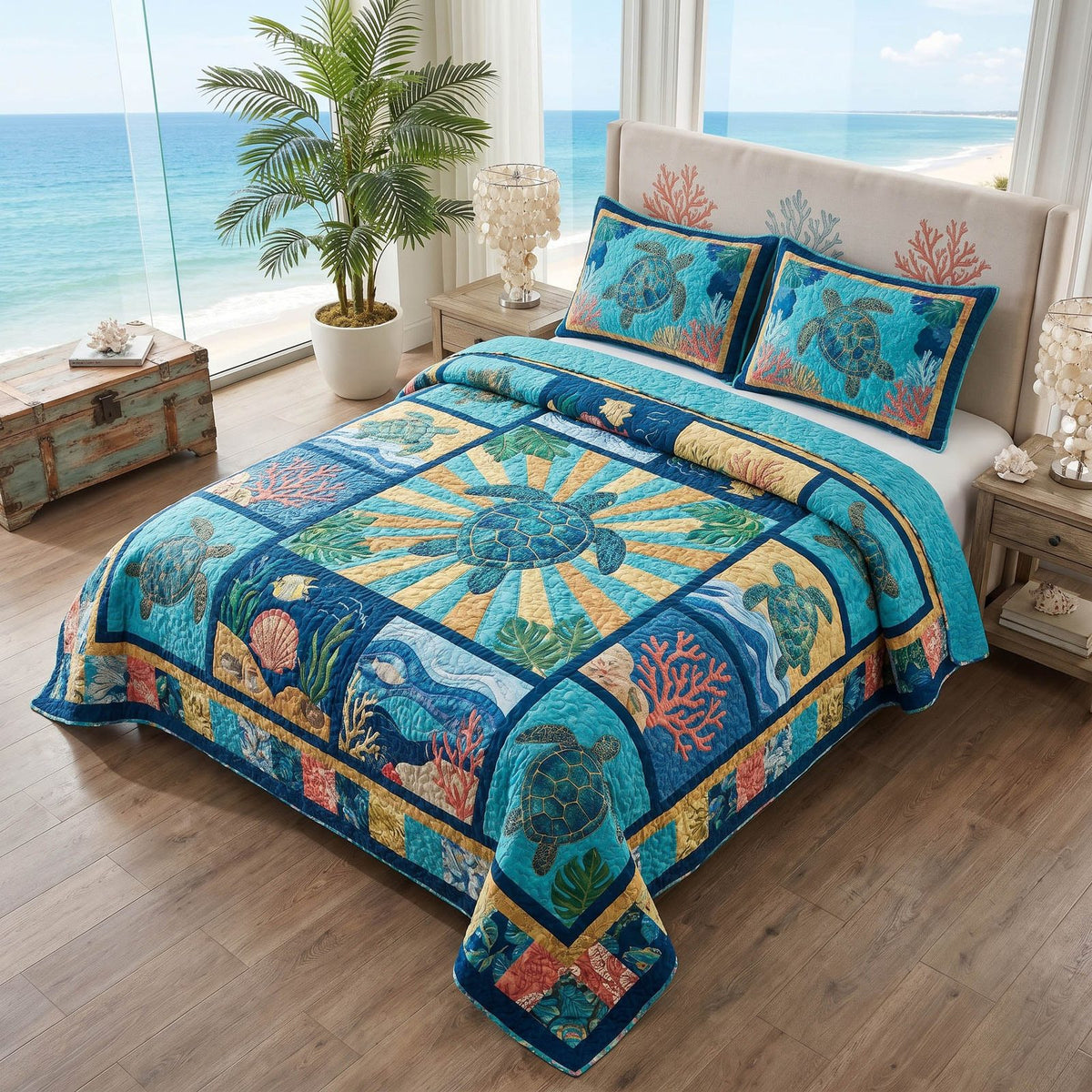 Sea Haven quilted 3-piece bedding set on a made bed in a light coastal bedroom