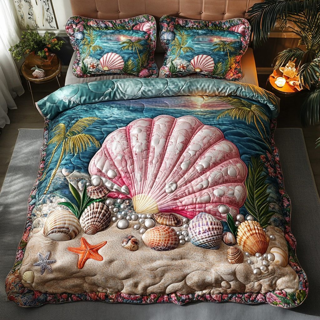 Sea Horizon quilted 3-piece bedding set on a made bed in a light coastal bedroom