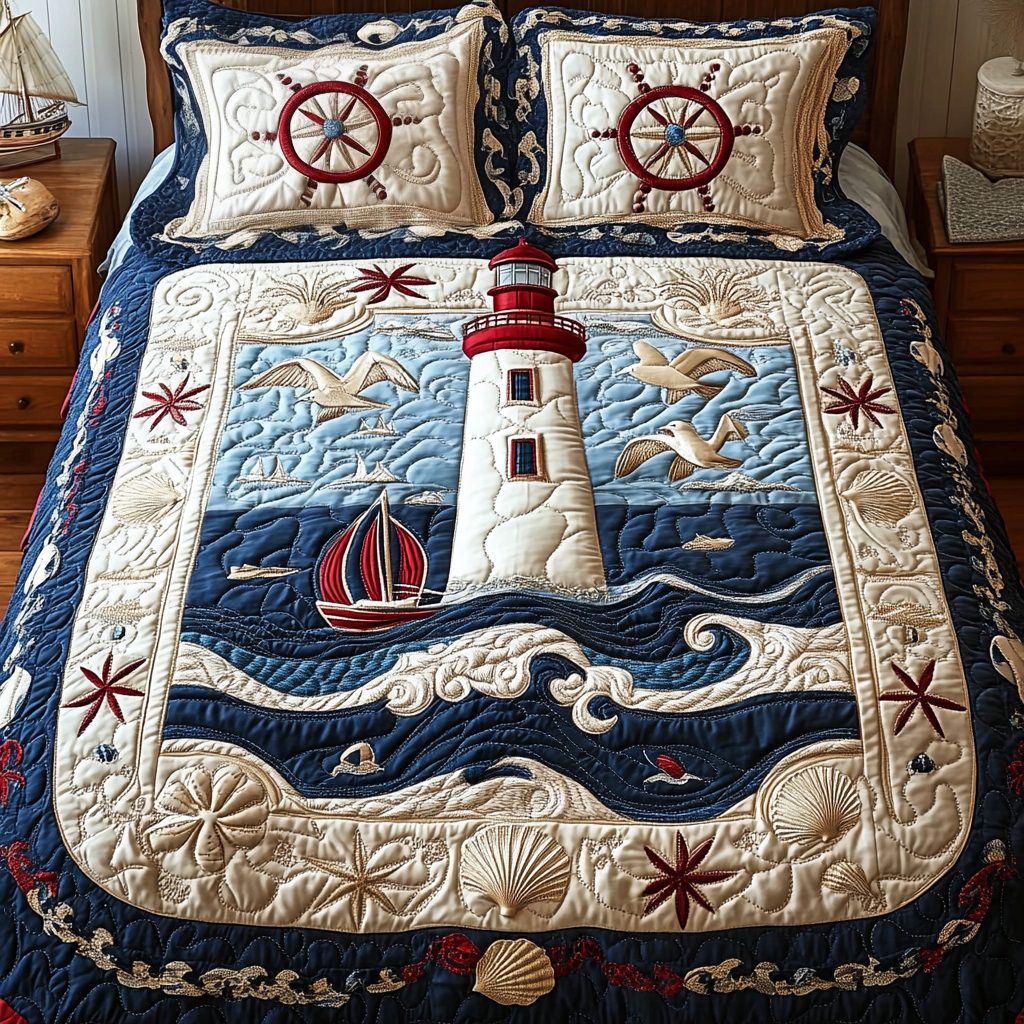 Sea Horizon quilted 3-piece bedding set on a made bed in a light coastal bedroom