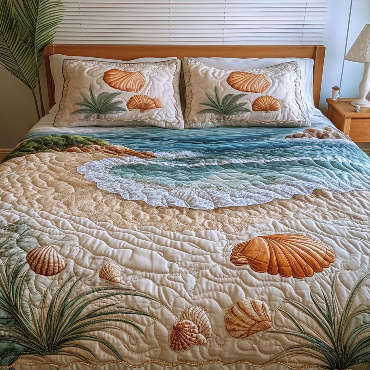 Sea Horizon quilted 3-piece bedding set on a made bed in a light coastal bedroom