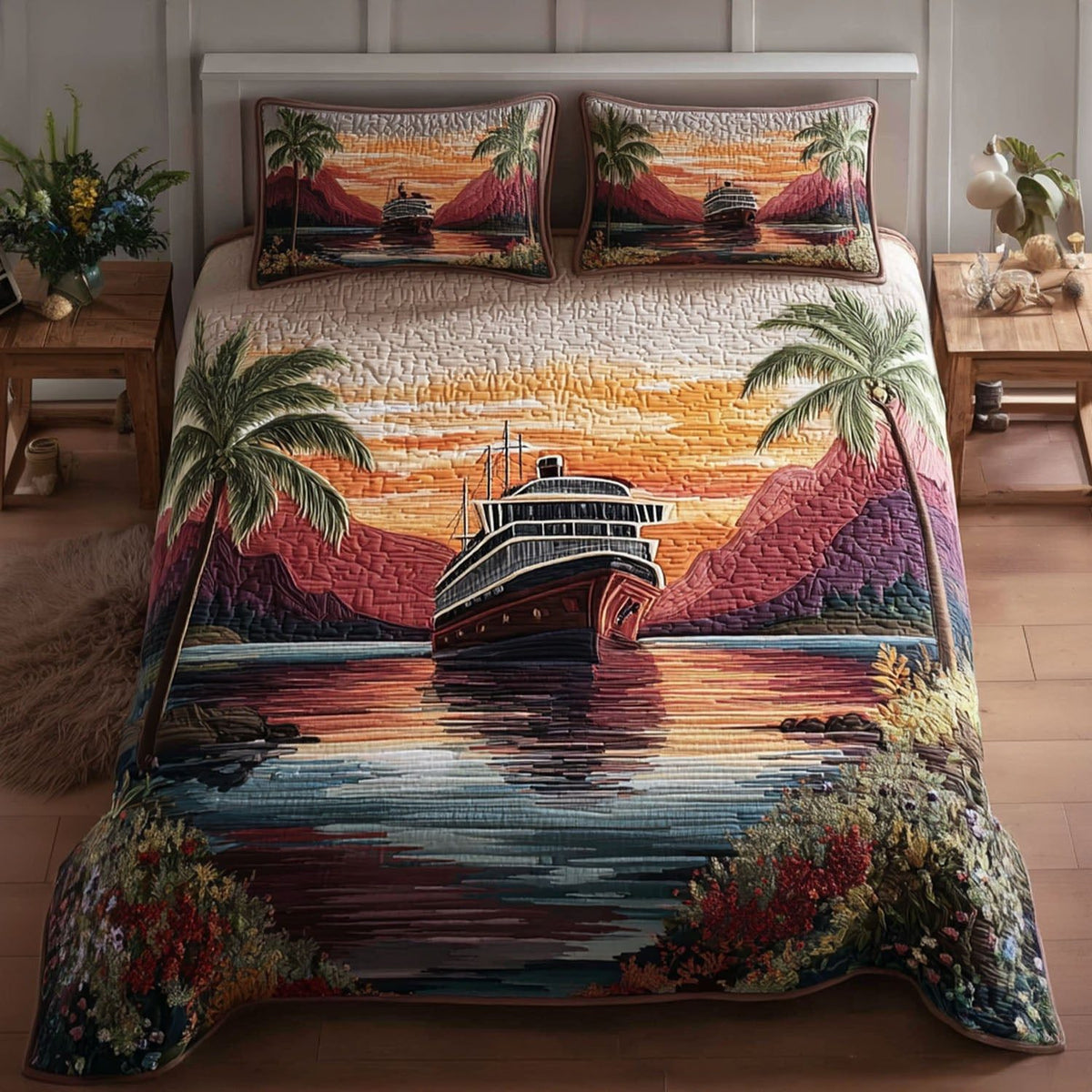 Sea Horizon quilted 3-piece bedding set on a made bed in a light coastal bedroom