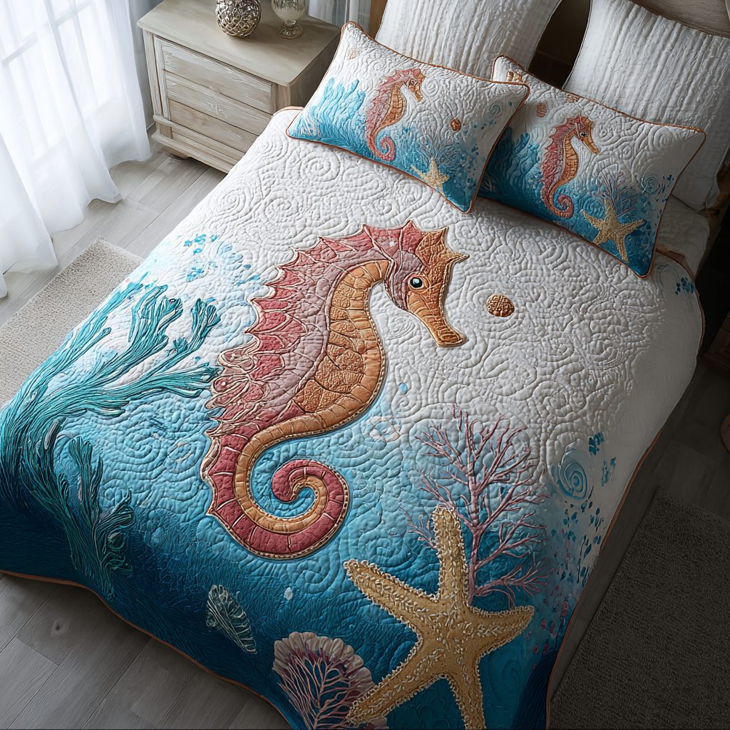 Sea Horse Adventure quilted 3-piece bedding set on a made bed in a winter-styled bedroom