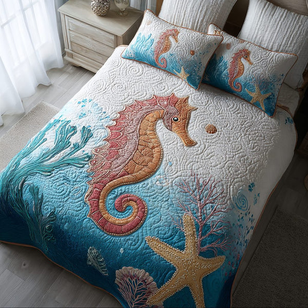 Sea Horse Adventure quilted 3-piece bedding set on a made bed in a winter-styled bedroom