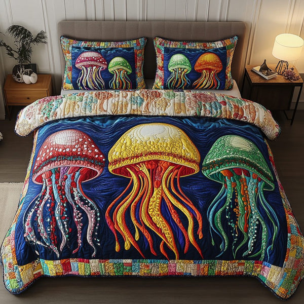 Sea Jewel quilted 3-piece bedding set on a made bed in a light coastal bedroom