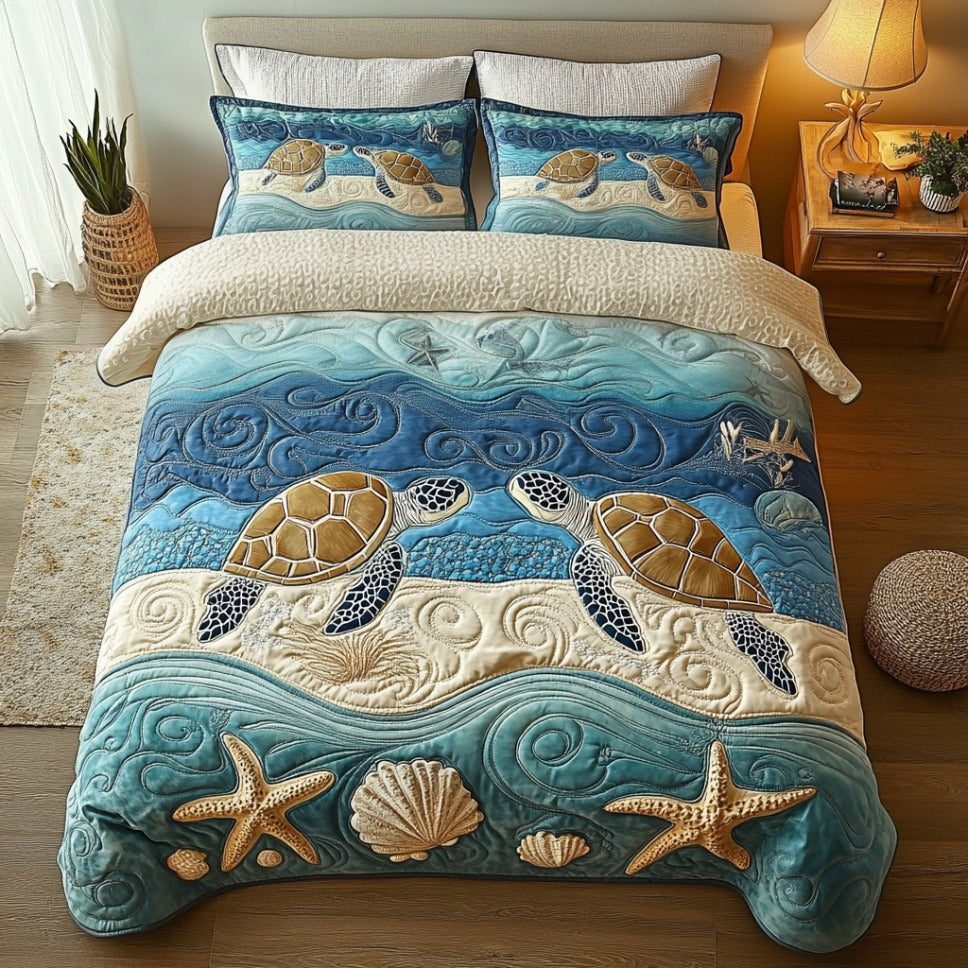 Sea Journey quilted 3-piece bedding set on a made bed in a light coastal bedroom