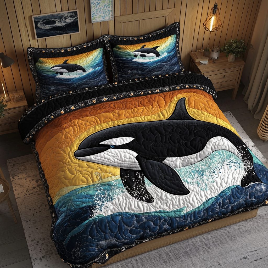 Sea Kings quilted 3-piece bedding set on a made bed in a light coastal bedroom