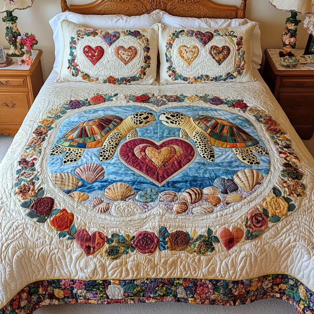 Sea of Affection quilted 3-piece bedding set on a made bed in a light coastal bedroom