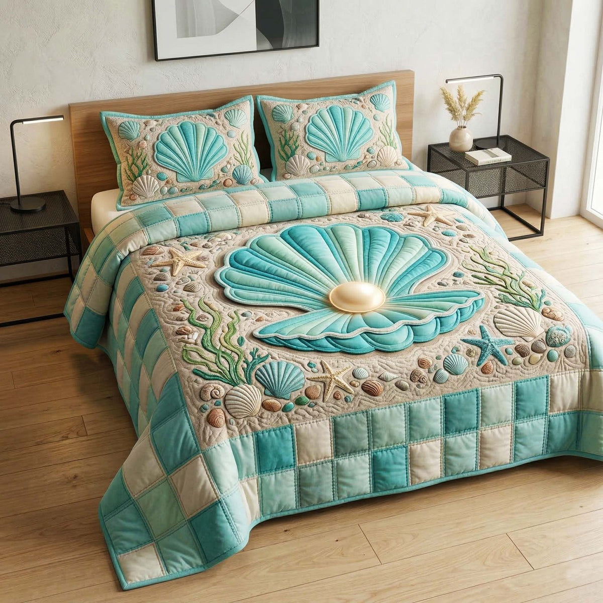 Sea Shell quilted 3-piece bedding set on a made bed in a light coastal bedroom