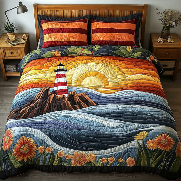 Sea Signal quilted 3-piece bedding set on a made bed in a light coastal bedroom