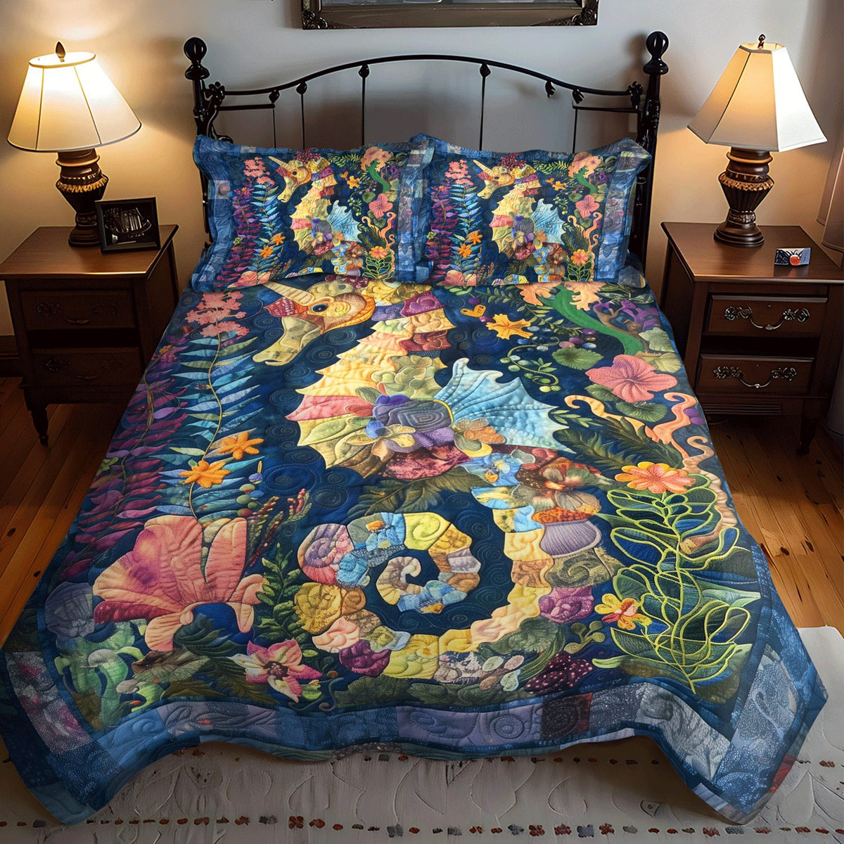 Sea Spirits quilted 3-piece bedding set on a made bed in a light coastal bedroom