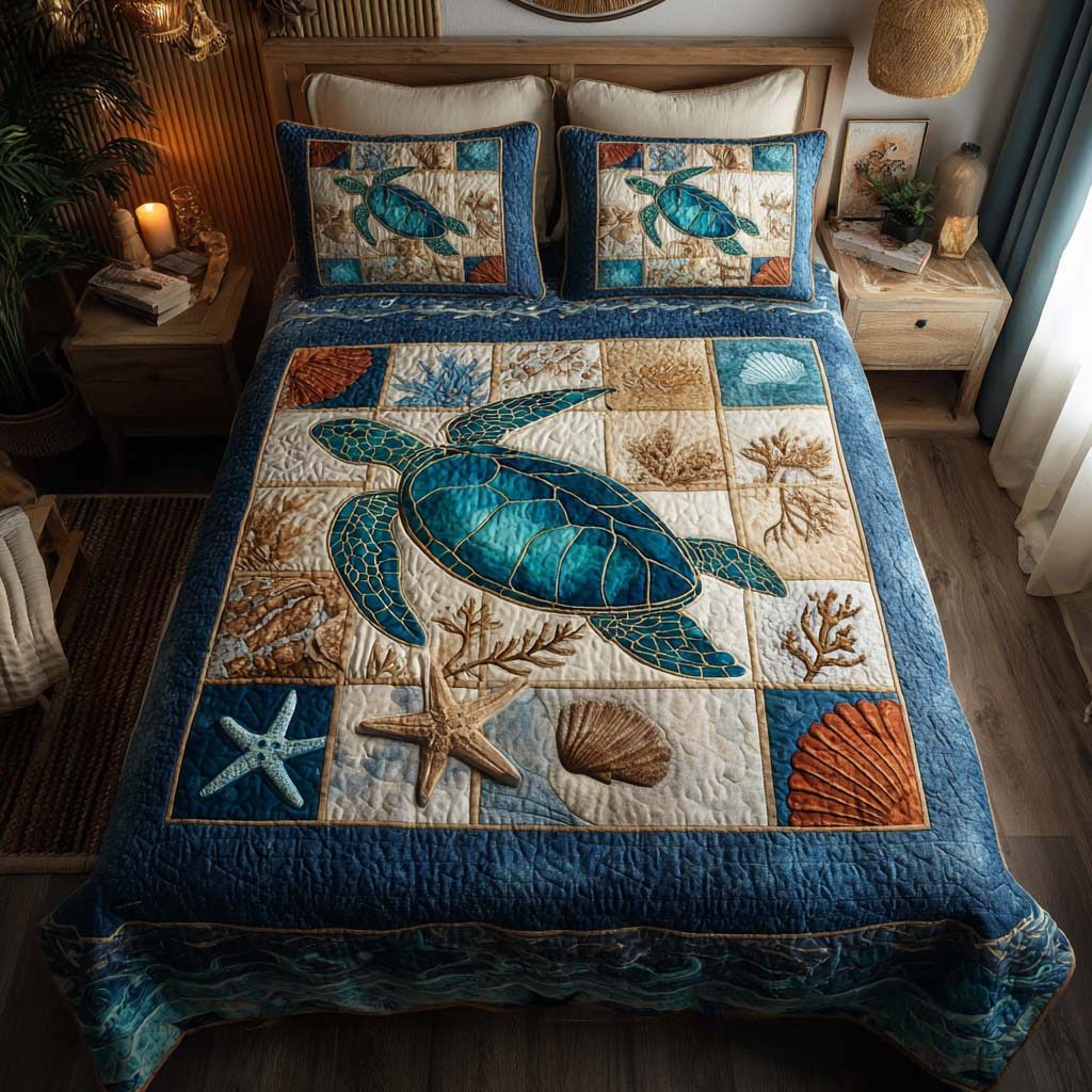 Sea Tides Turtle quilted 3-piece bedding set on a made bed in a light coastal bedroom