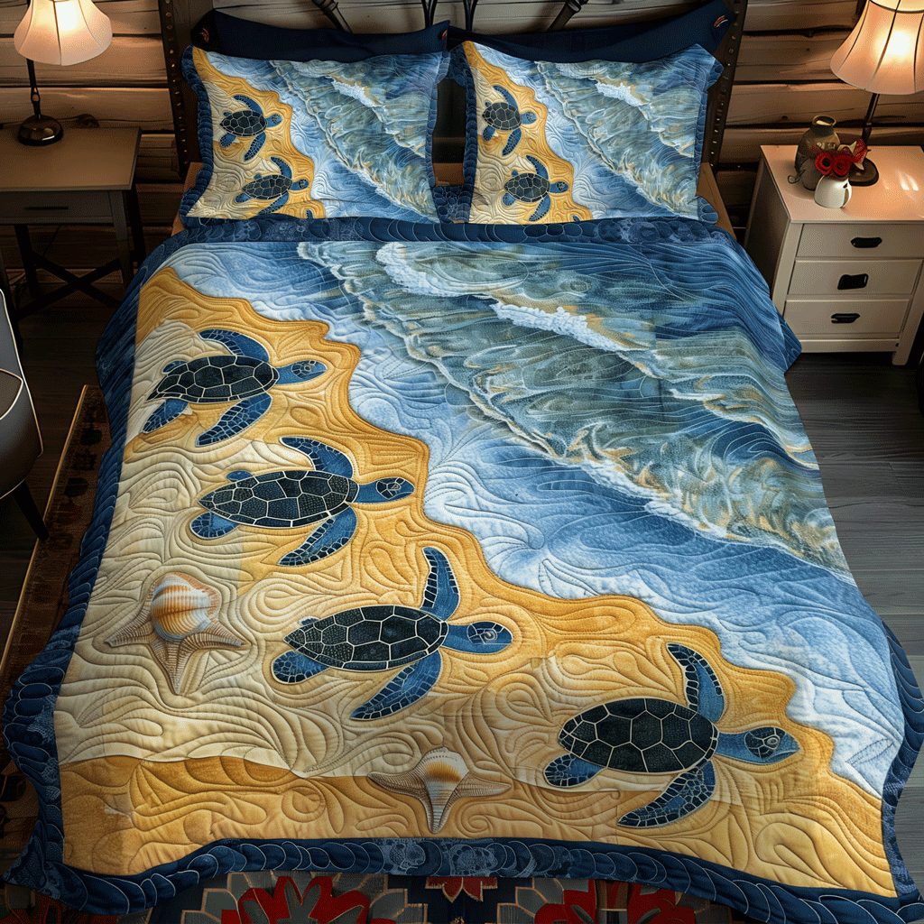 Sea Turtle Bay quilted 3-piece bedding set on a made bed in a light coastal bedroom
