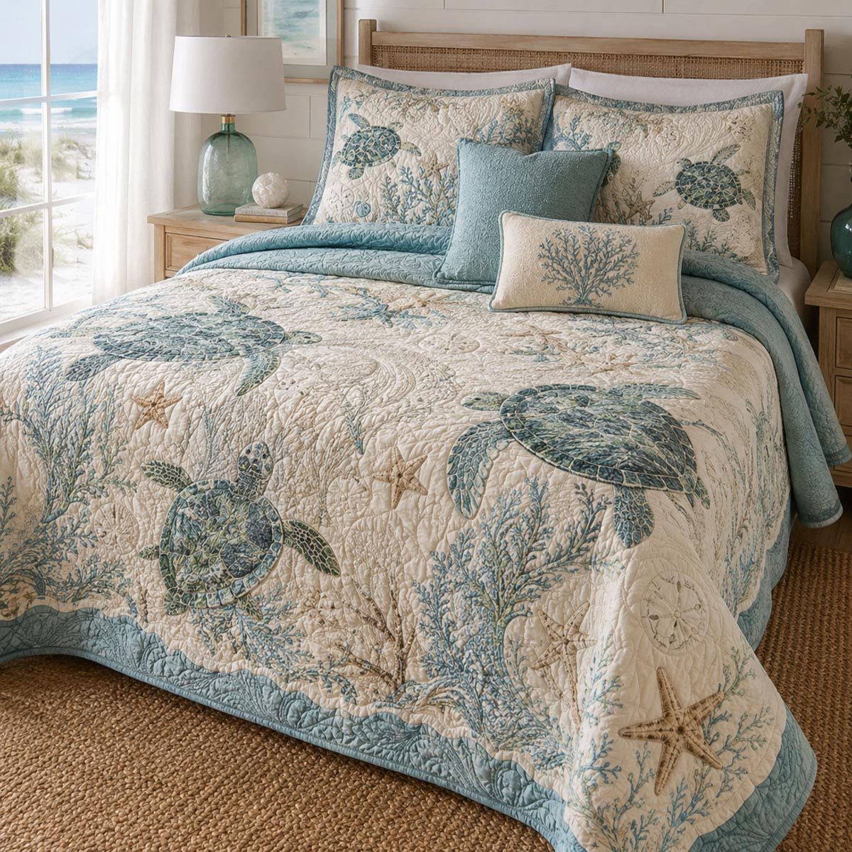 Sea Turtle Cove quilted 3-piece bedding set on a made bed in a light coastal bedroom