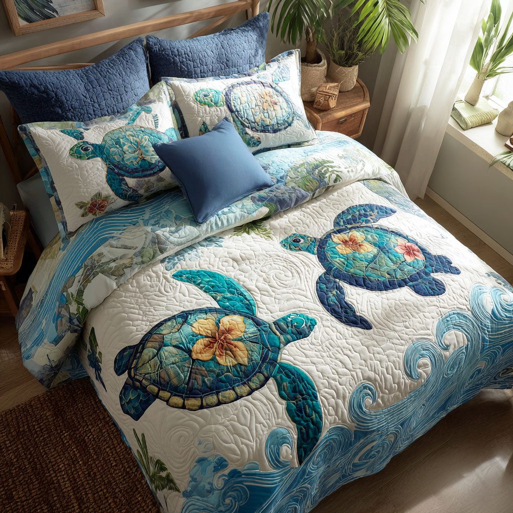 Sea Turtle Dance quilted 3-piece bedding set on a made bed in a light coastal bedroom