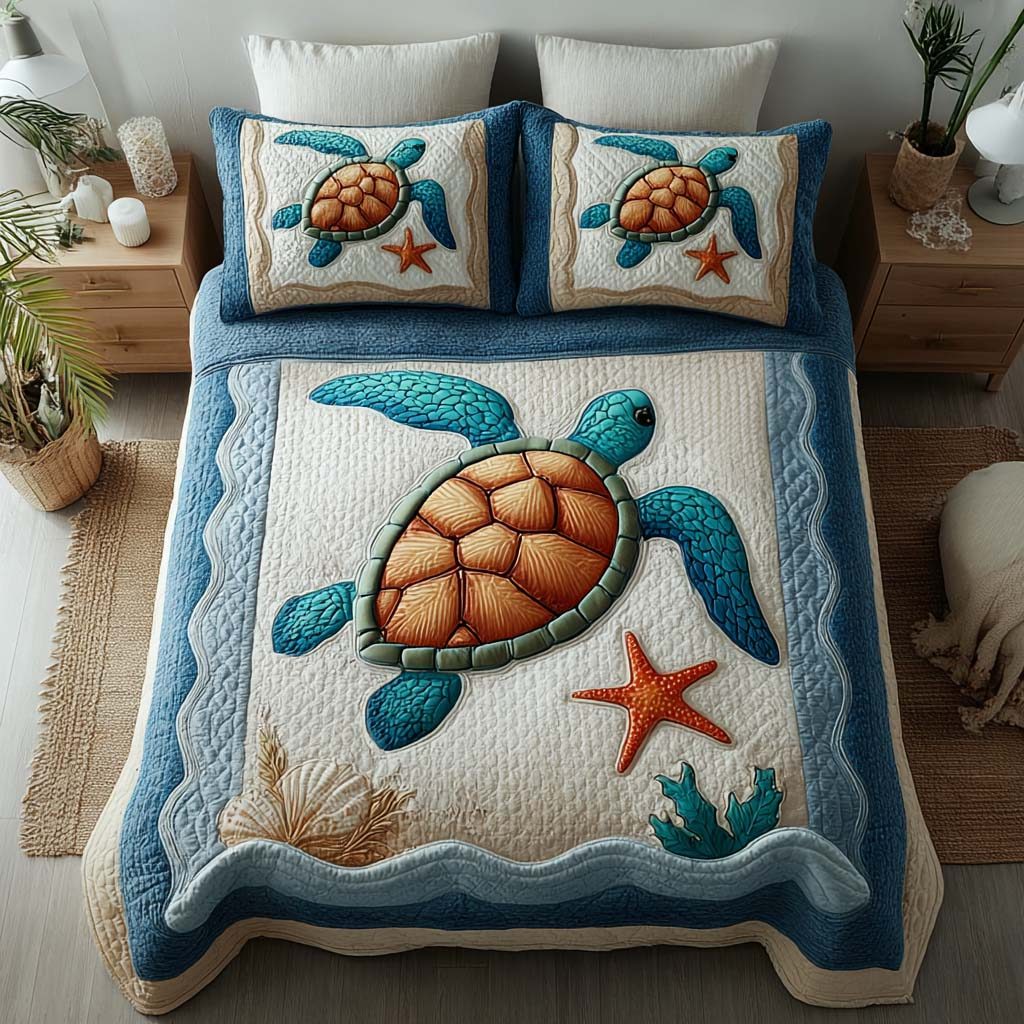 Sea Turtle Dreamscape quilted 3-piece bedding set on a made bed in a light coastal bedroom
