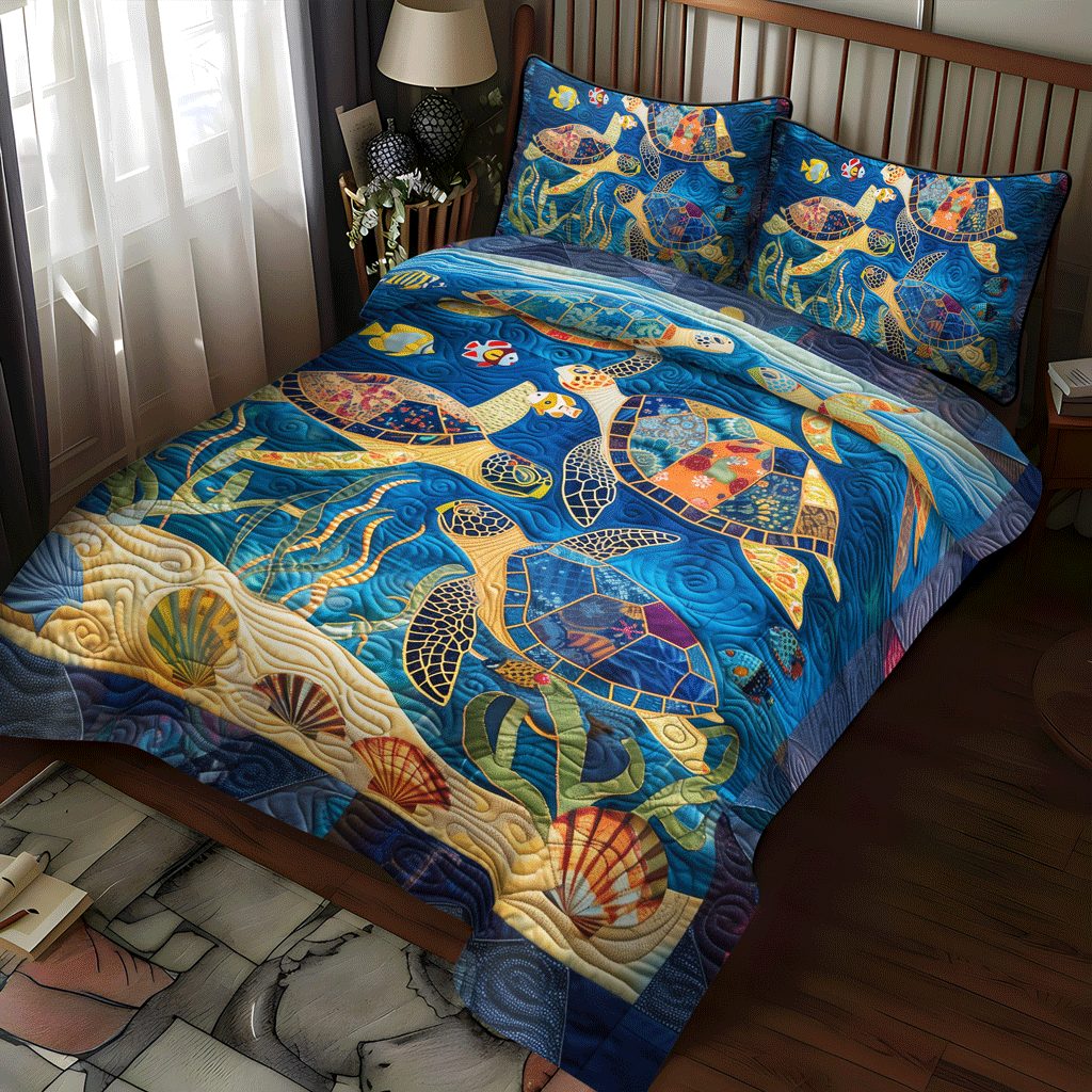 Sea Turtle Gala quilted 3-piece bedding set on a made bed in a light coastal bedroom
