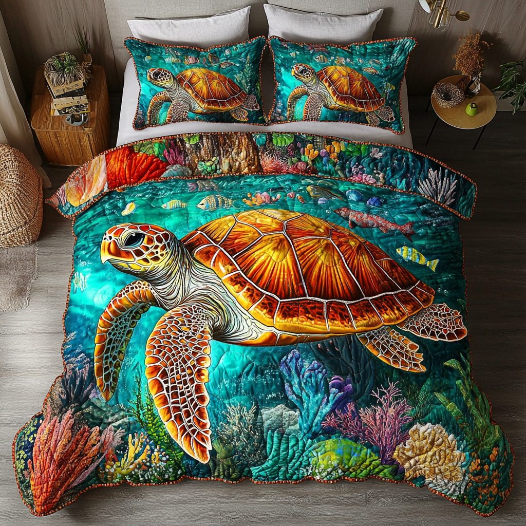 Sea Turtle Glow quilted 3-piece bedding set on a made bed in a light coastal bedroom