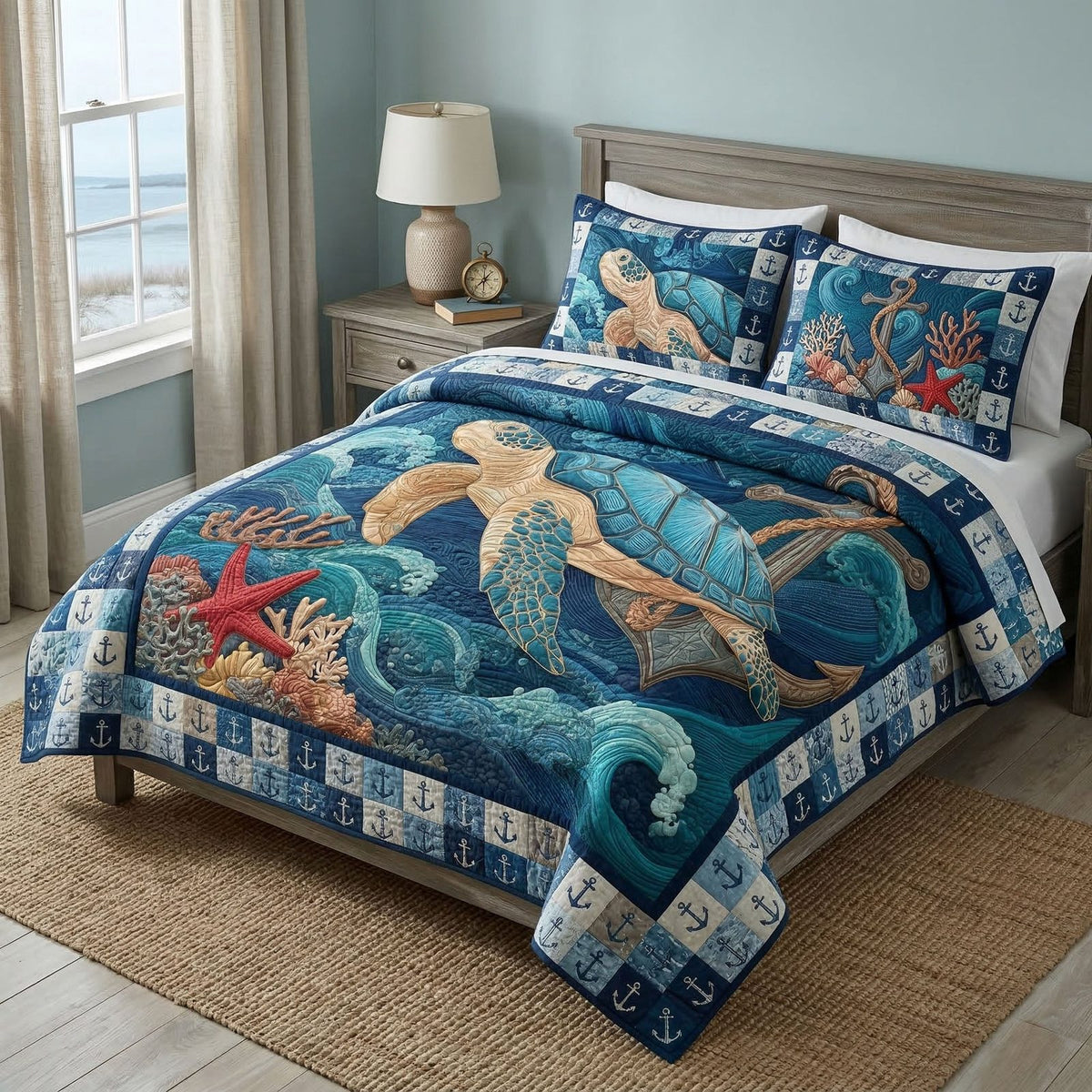 Sea Turtle Paradise quilted 3-piece bedding set on a made bed in a light coastal bedroom