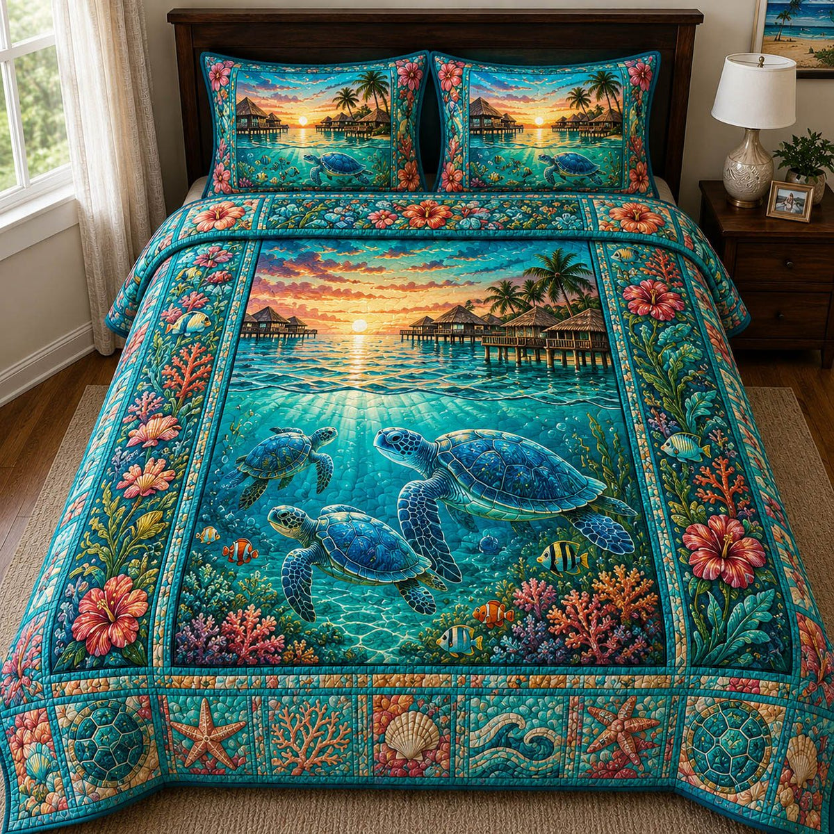 Sea Turtle quilted 3-piece bedding set on a made bed in a light coastal bedroom