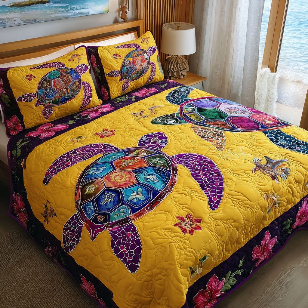 Sea Turtle quilted 3-piece bedding set on a made bed in a light coastal bedroom