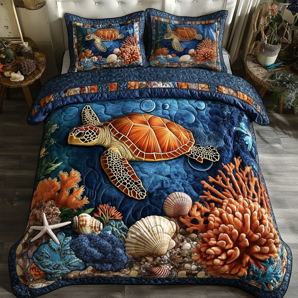 Sea Turtle quilted 3-piece bedding set on a made bed in a light coastal bedroom