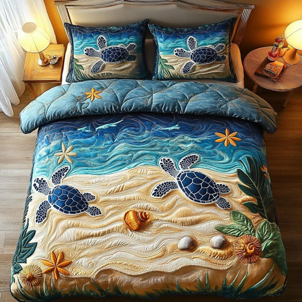 Sea Turtle quilted 3-piece bedding set on a made bed in a light coastal bedroom