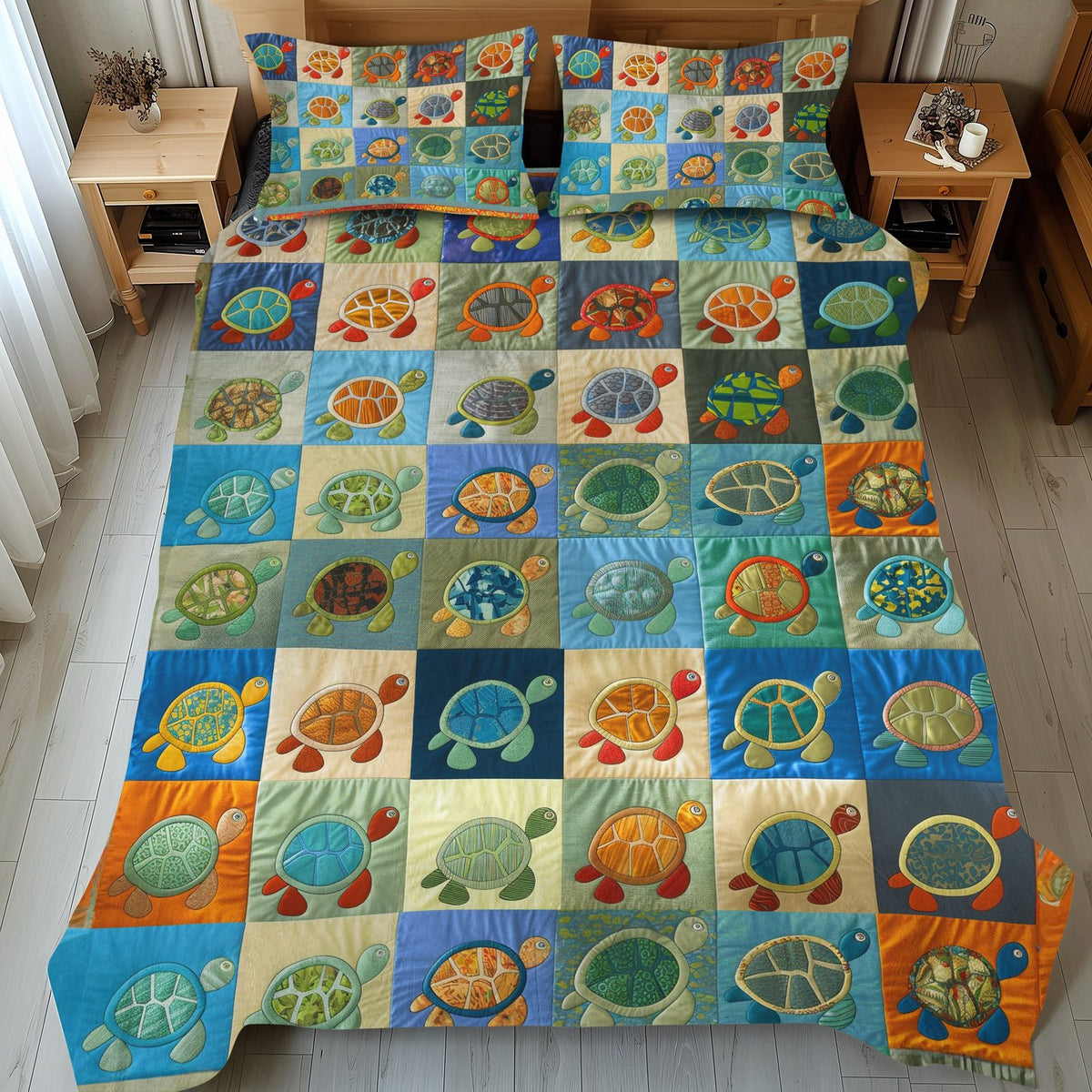 Sea Turtle quilted 3-piece bedding set on a made bed in a light coastal bedroom