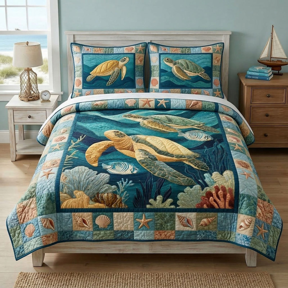 Sea Turtle Reef quilted 3-piece bedding set on a made bed in a light coastal bedroom
