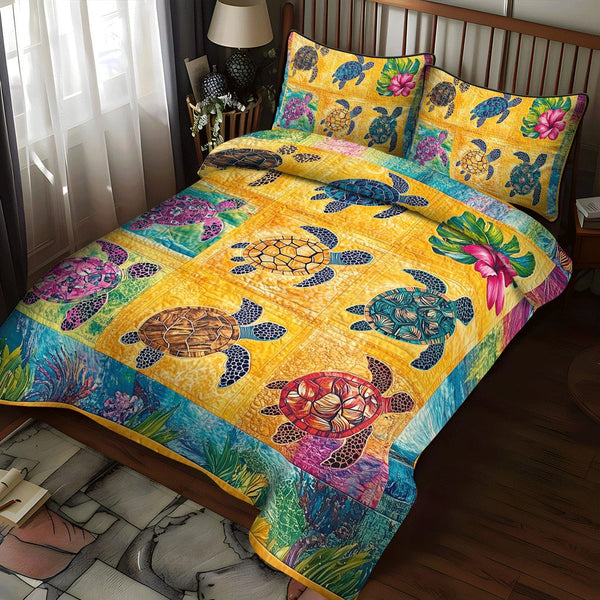 Sea Turtle Sanctuary quilted 3-piece bedding set on a made bed in a light coastal bedroom