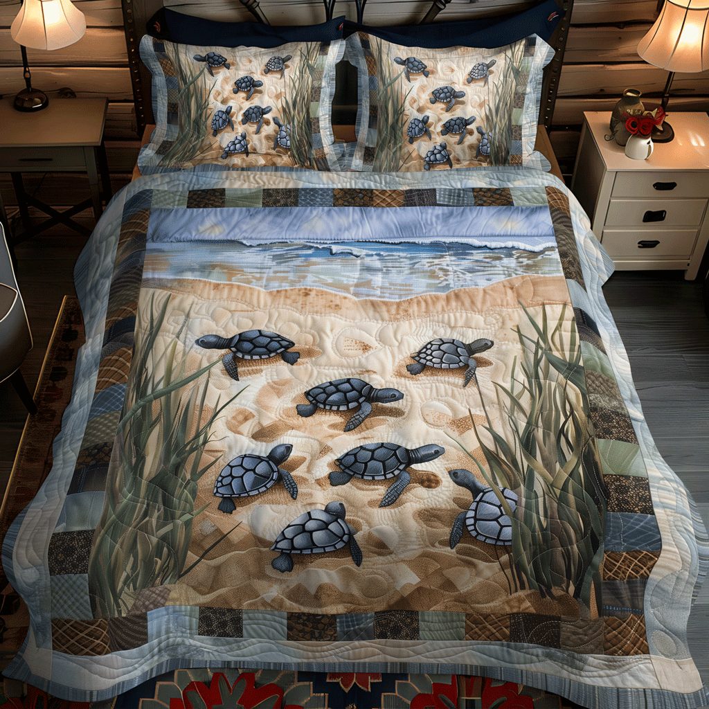 Sea Turtle Sojourn quilted 3-piece bedding set on a made bed in a light coastal bedroom
