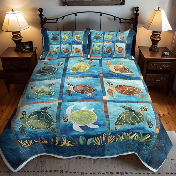 Sea Turtle Treasure quilted 3-piece bedding set on a made bed in a light coastal bedroom